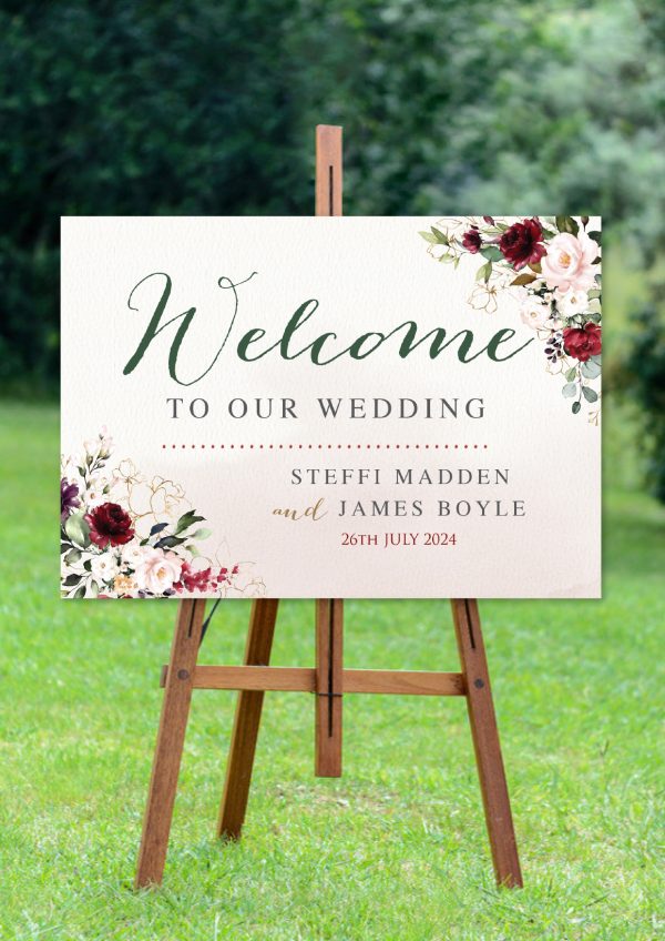 Burgundy Florals Welcome Sign